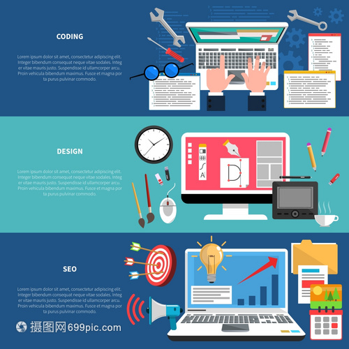 網頁開發水平橫幅編碼SEO元素隔離矢量插圖網頁開發橫幅